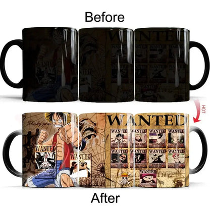 Black ceramic anime mug with heat-sensitive design revealing vibrant One Piece Luffy wanted poster when heated