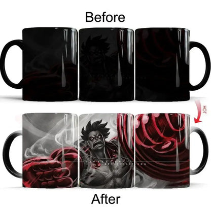 Black ceramic anime mug with heat-sensitive design revealing red and gray one piece luffy illustration