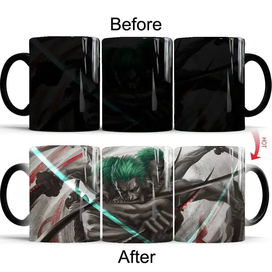 Black ceramic one piece luffy heat-change anime mug with green-haired character and swords heat-sensitive design