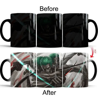 Black ceramic one piece luffy heat-change anime mug with green-haired character and swords heat-sensitive design