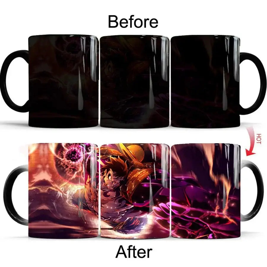 One Piece Luffy ceramic heat-change anime mug in glossy black with vibrant fiery orange and purple energy illustration
