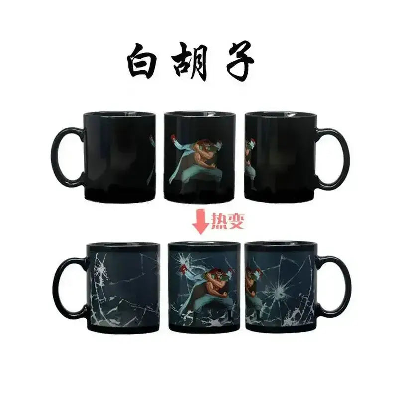 Black ceramic heat-sensitive anime mug featuring baki illustration with shattered glass action scene revealed when heated