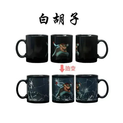 Black ceramic heat-sensitive anime mug featuring baki illustration with shattered glass action scene revealed when heated