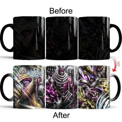 Black ceramic anime mug featuring heat-sensitive artwork that reveals purple gold and white one piece luffy characters when warmed