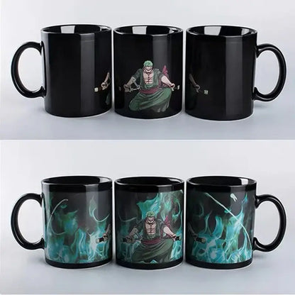 Black ceramic anime mug featuring heat-activated One Piece Luffy design in vibrant teal and green hues when warmed
