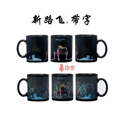 Black ceramic heat-change anime mug featuring detailed luffy illustration from one piece visible when heated