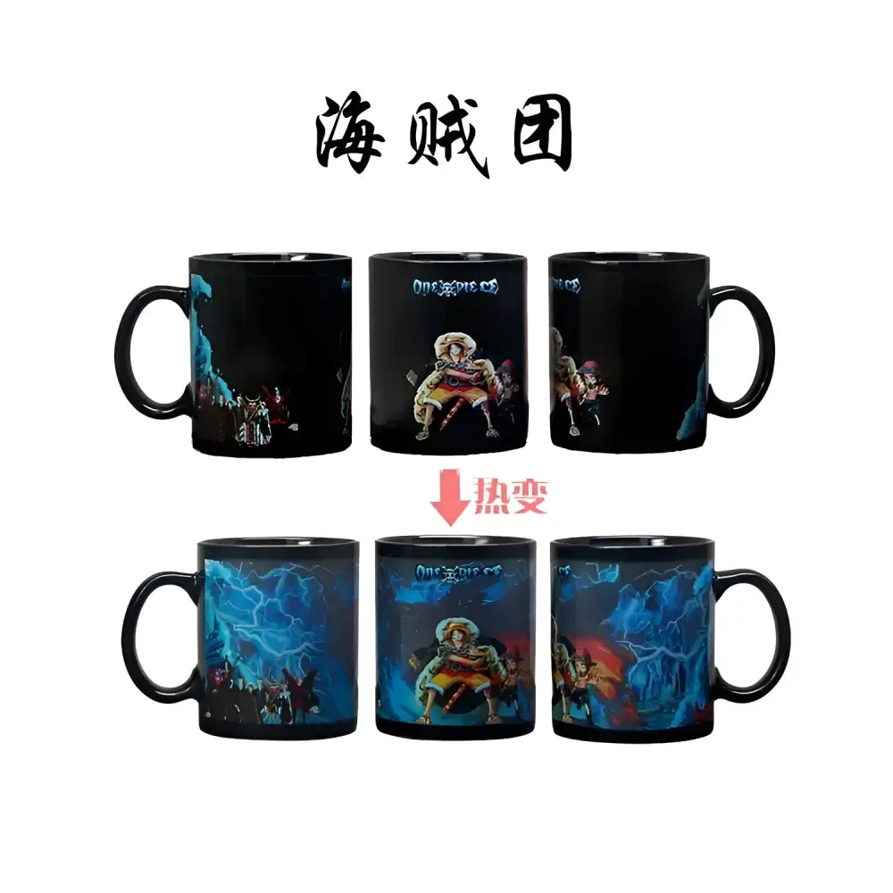 Black ceramic anime mug featuring heat-sensitive one piece luffy design with vibrant blue lightning effects when heated