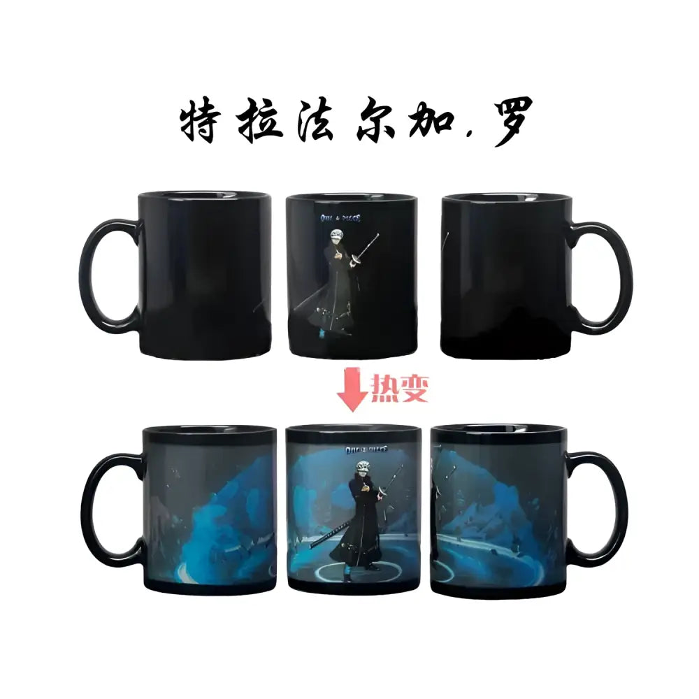 Black ceramic one piece luffy anime mug with heat-activated blue-toned sword character design