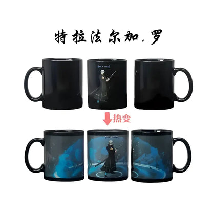 Black ceramic one piece luffy anime mug with heat-activated blue-toned sword character design