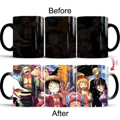 One piece luffy black ceramic heat-change anime mug revealing colorful characters when heated