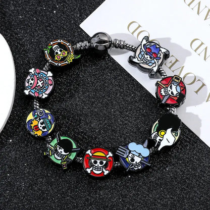 Colorful enamel diy charm bracelet featuring vibrant cartoonish pirate-themed beads inspired by one piece luffy skull style