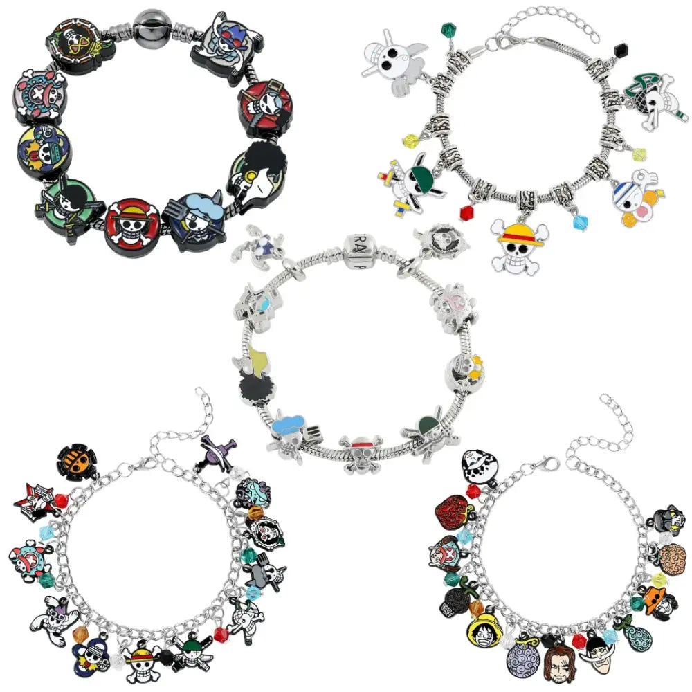Silver diy charm bracelet featuring colorful enamel-coated one piece luffy character charms skull style