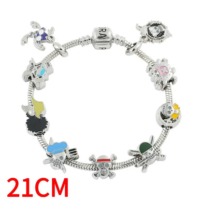 Silver-colored diy charm bracelet featuring colorful enamel one piece luffy character charms and pandora bead