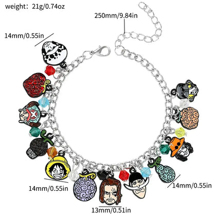 Silver chain charm bracelet with colorful enamel diy charms featuring one piece luffy and fruit designs