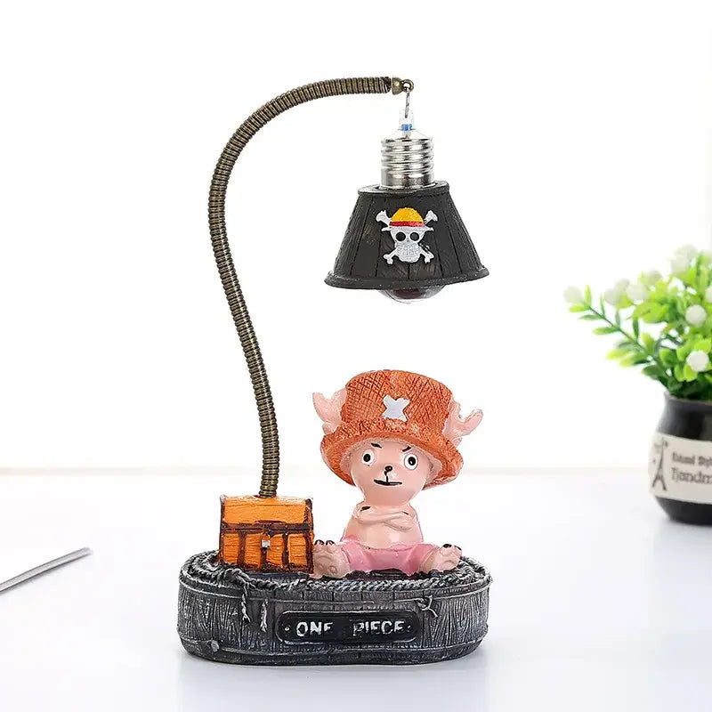 One piece luffy chopper pink figurine with orange hat on dark gray base led desk lamp with straw hat emblem shade