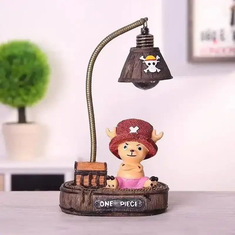 One Piece luffy chopper 3d led desk lamp with chopper figurine, rustic wooden base, and jolly roger brown lampshade