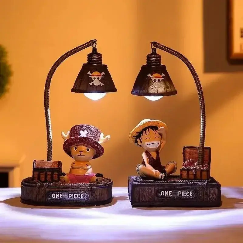 Two black resin led desk lamps with flexible arms featuring one piece luffy chopper 3d led pirate figurines
