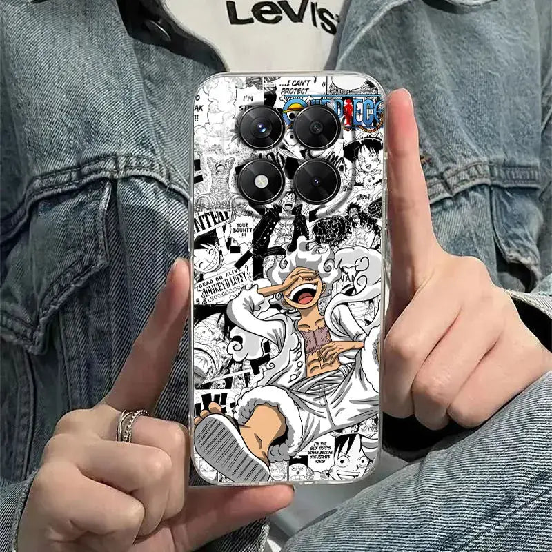 One piece luffy clear phone case with black and white comic design shockproof tpu material showing back side