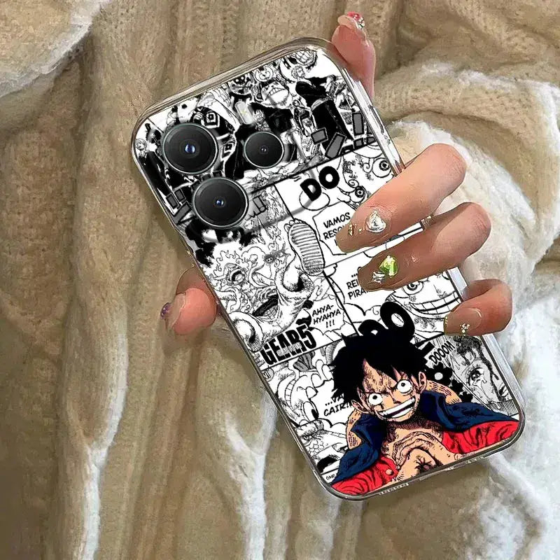 Black and white comic-style one piece luffy clear phone case with vibrant red and blue design and shockproof tpu edges back view