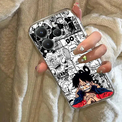 Black and white comic-style one piece luffy clear phone case with vibrant red and blue design and shockproof tpu edges back view