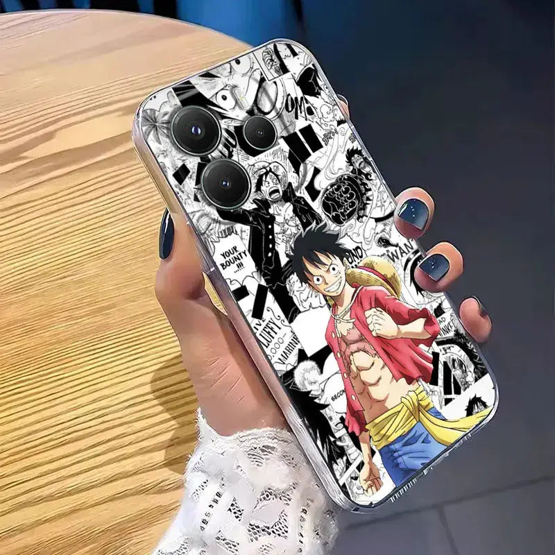 Back side of a black and white shockproof tpu piece luffy clear phone case with vibrant monkey d. luffy illustration
