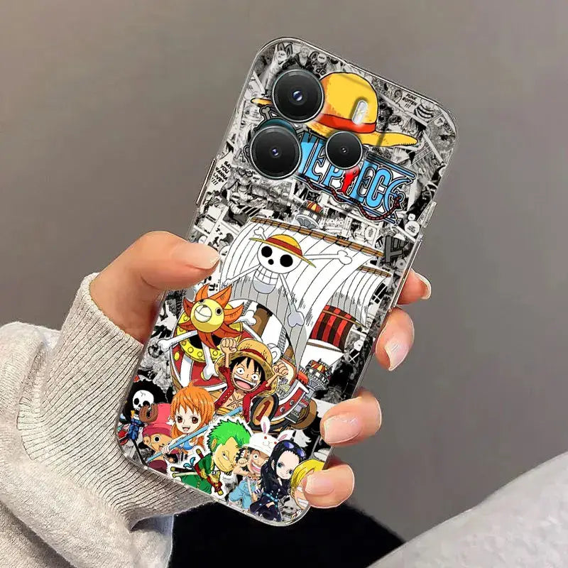Vibrant piece luffy clear shockproof tpu phone case with colorful one piece characters and logo on the back side