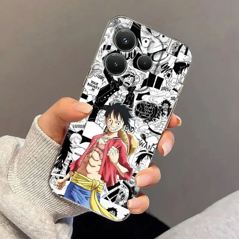 A black and white comic-style shockproof tpu piece luffy clear phone case featuring monkey d. luffy illustration