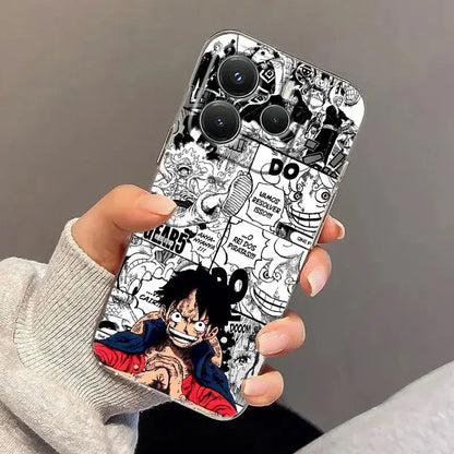 Black and white comic style piece luffy clear phone case with vibrant red blue luffy design and shockproof tpu material