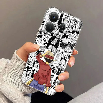Back side of a transparent shockproof tpu one piece luffy clear phone case with black and white manga collage and red blue accents