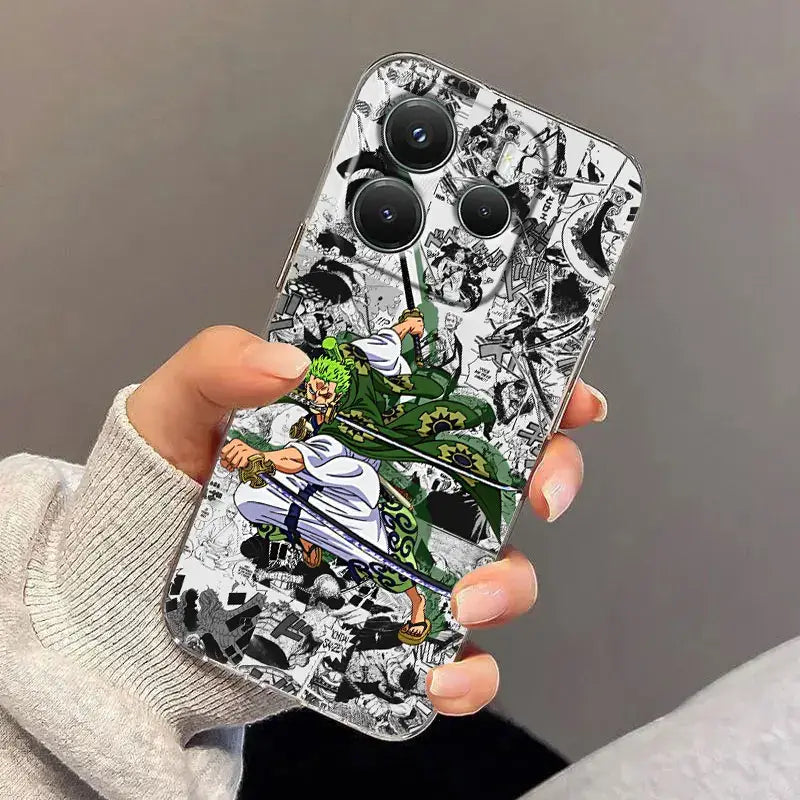 One piece luffy clear shockproof tpu phone case with vibrant green and white anime design and comic-style background back view