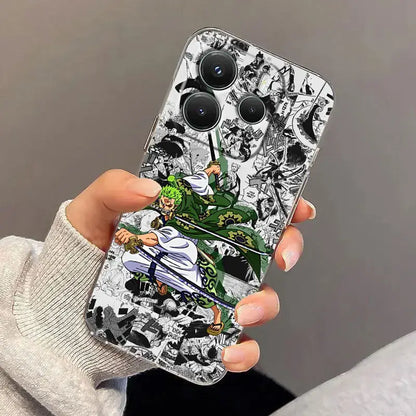 One piece luffy clear shockproof tpu phone case with vibrant green and white anime design and comic-style background back view