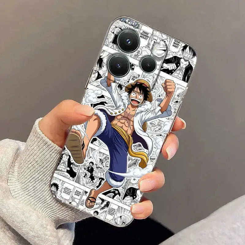 Back side of a transparent one piece luffy clear shockproof tpu phone case with black and white manga illustration