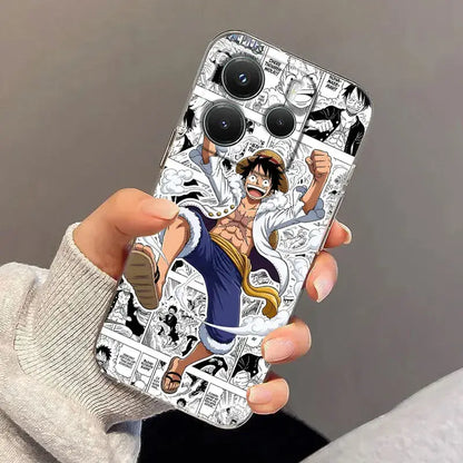 Back side of a transparent one piece luffy clear shockproof tpu phone case with black and white manga illustration