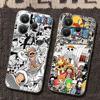 Two one piece luffy clear phone cases featuring shockproof tpu with black-and-white comic and colorful character designs