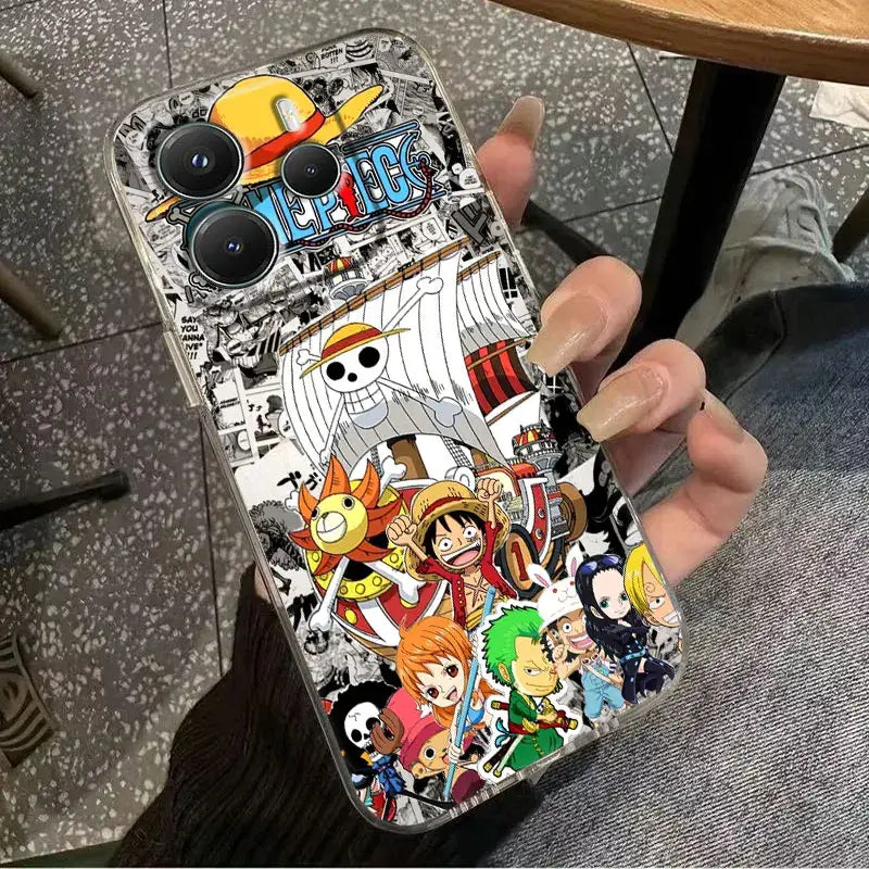 Clear phone case featuring vibrant full-color one piece luffy collage made of shockproof tpu material