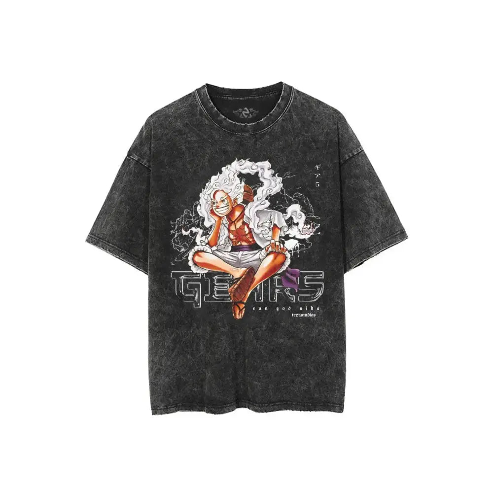 Black distressed cotton crew neck t-shirt with short sleeves featuring vibrant one piece luffy anime graphic