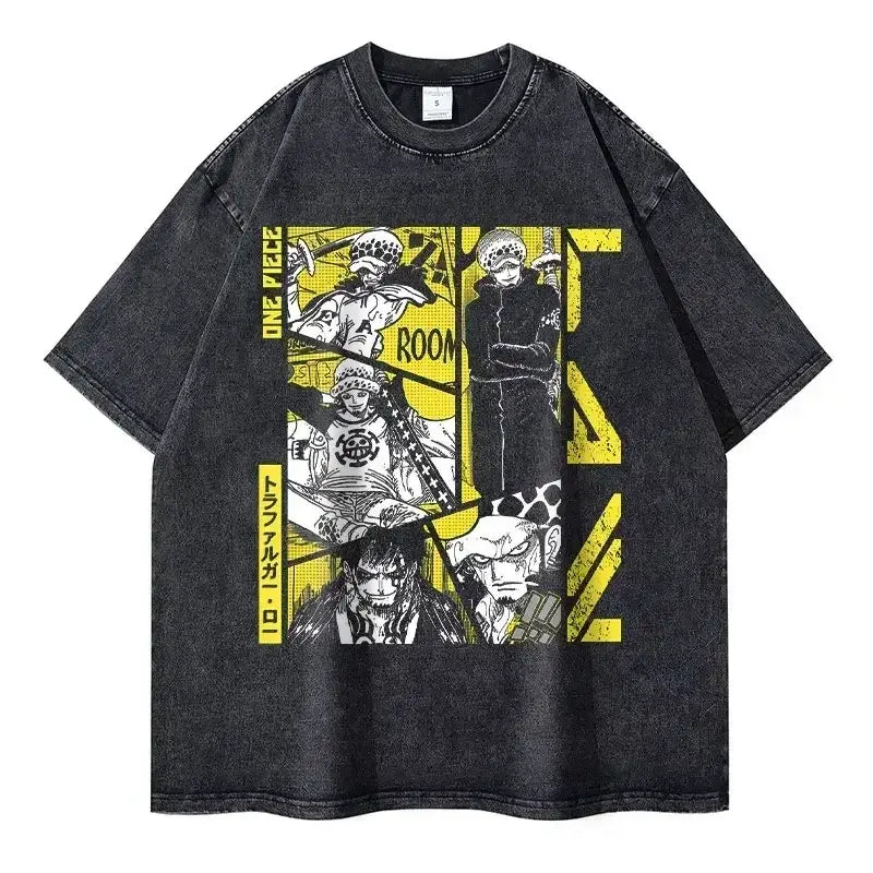 Black distressed cotton one piece luffy crew neck t-shirt with short sleeves featuring trafalgar law graphic and japanese text