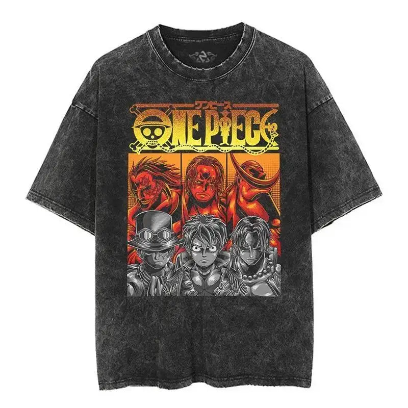 Black distressed cotton crew neck t-shirt with short sleeves featuring a vibrant orange and yellow one piece logo and six anime characters