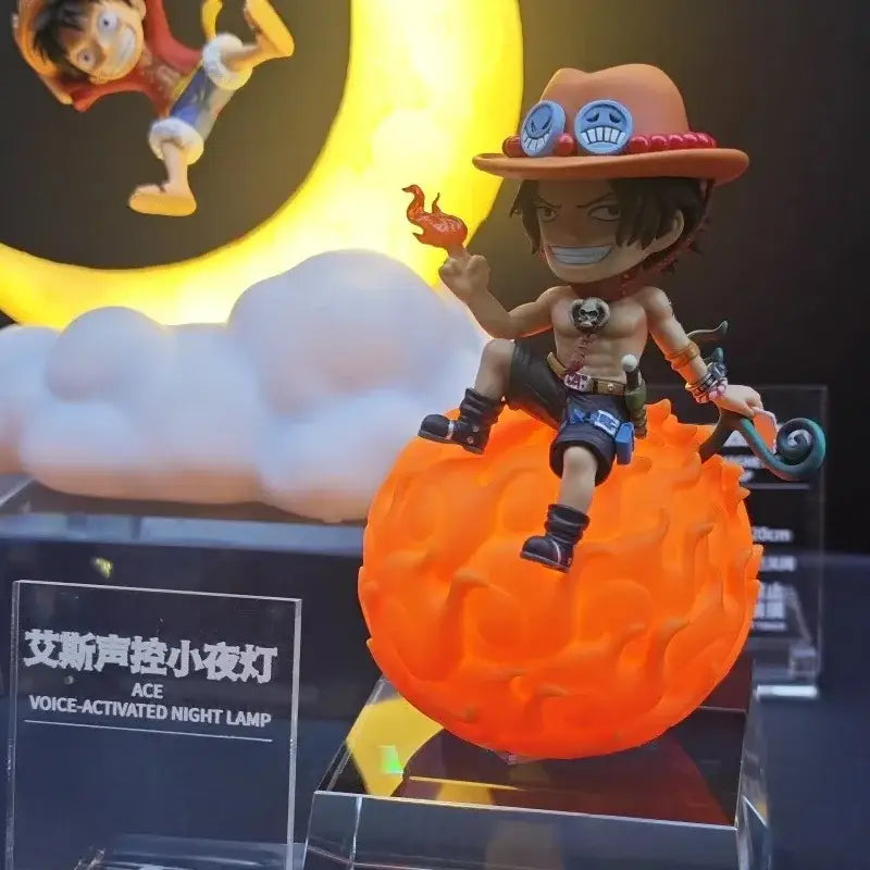 Orange flame-shaped devil fruit night light with chibi ace figurine from one piece voice-controlled led lamp