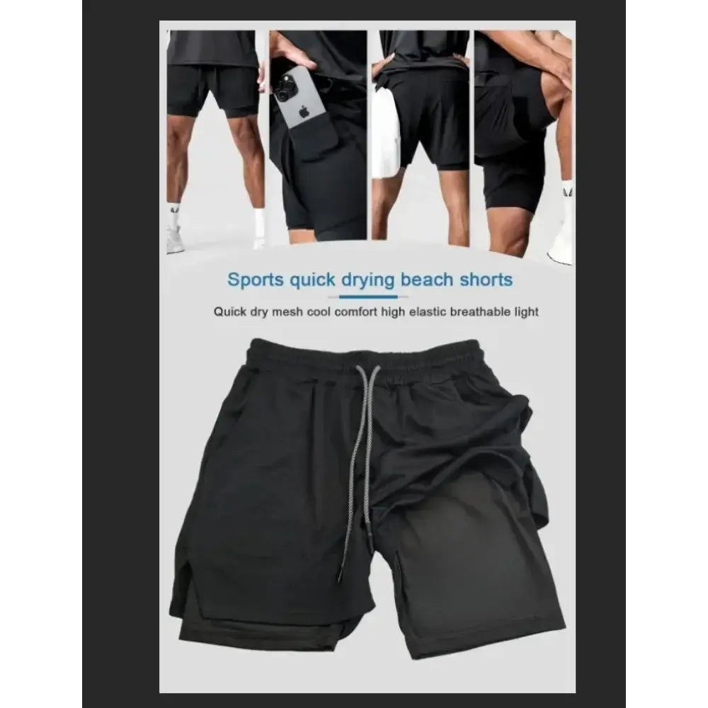 Black quick-drying one piece luffy double-layer shorts with elastic waistband and breathable loose fit design
