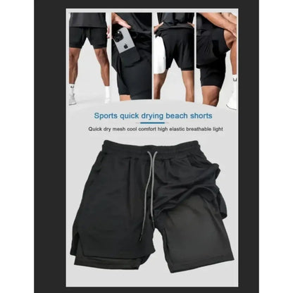 Black quick-drying one piece luffy double-layer shorts with elastic waistband and breathable loose fit design