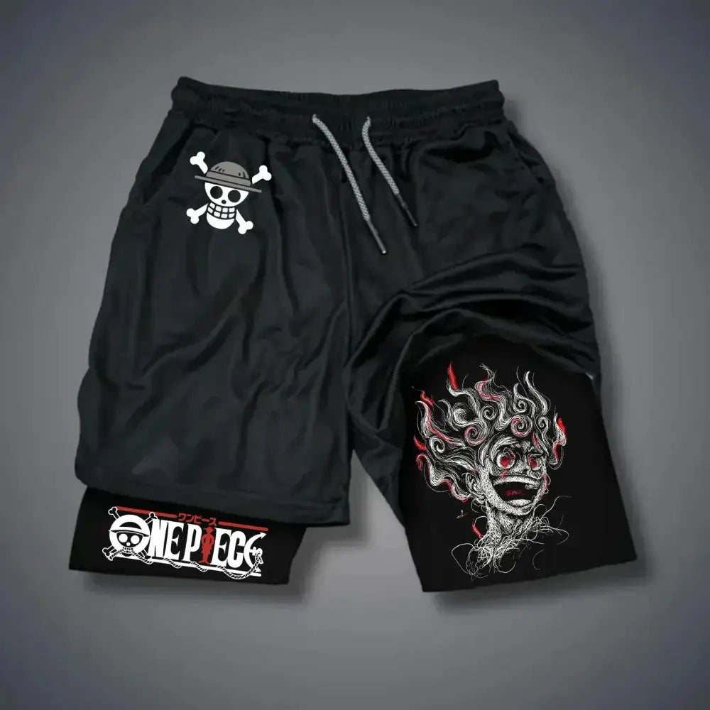 Black one piece luffy breathable loose fit shorts with white skull logo and red demonic face graphic on legs