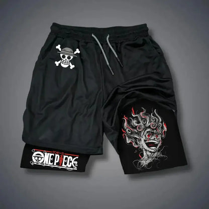 Black one piece luffy breathable loose fit shorts with white skull logo and red demonic face graphic on legs