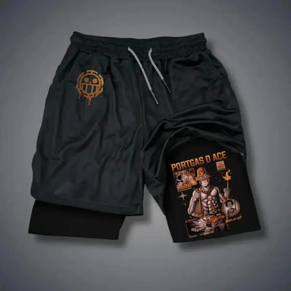 Black loose fit athletic shorts featuring a gold one piece crew logo and illustrated portgas d character on the thigh