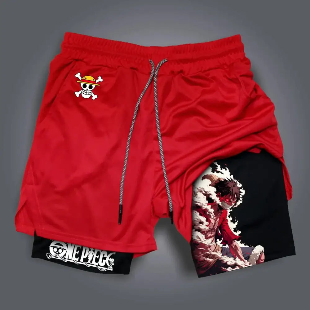 Red one piece loose fit shorts with breathable fabric, skull and crossbones logo, and anime character side panel