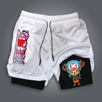 White and black two-tone one piece luffy double-layer shorts with colorful cartoon design breathable loose fit