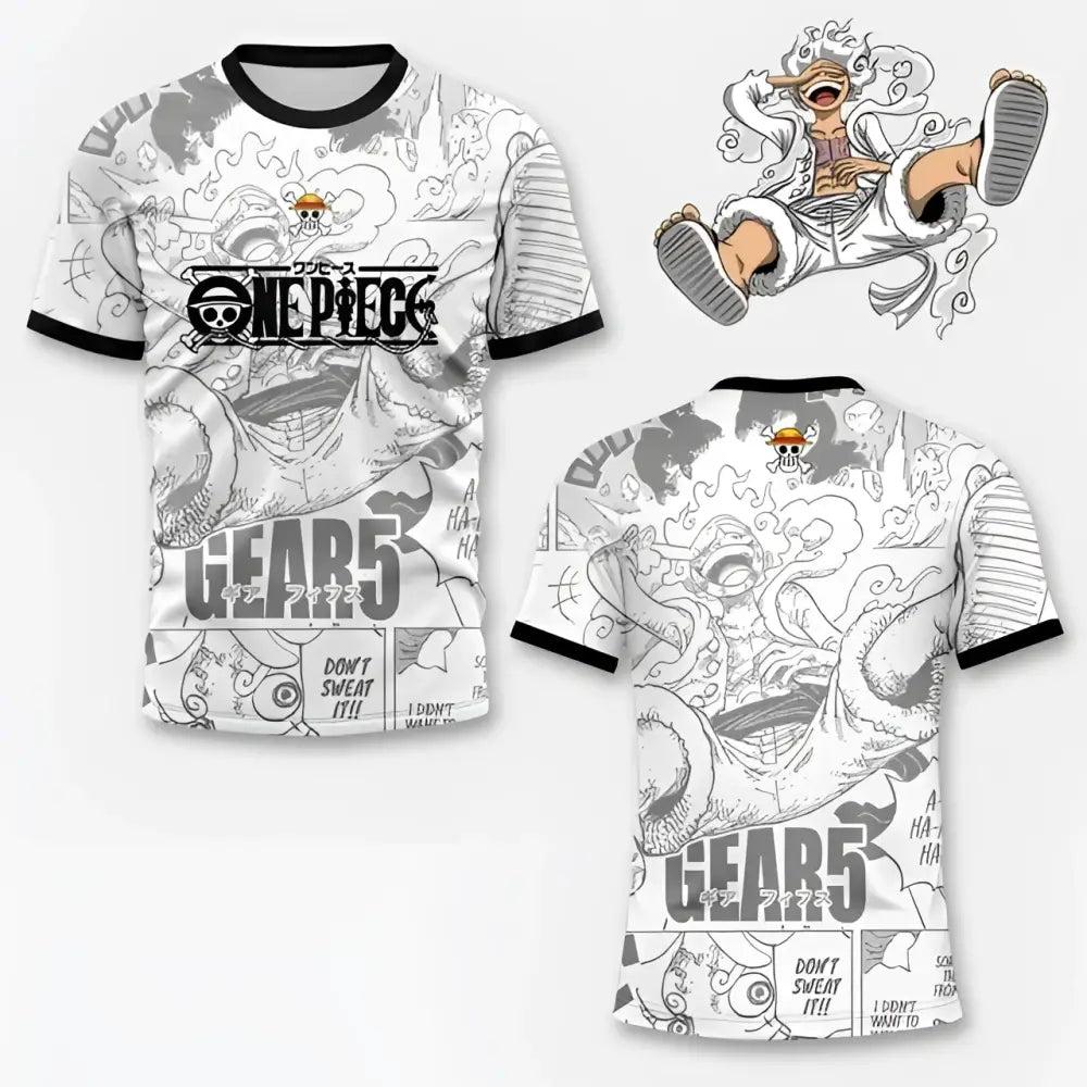 White short-sleeved one piece luffy football jersey with black trim and grayscale gear 5 anime sport print