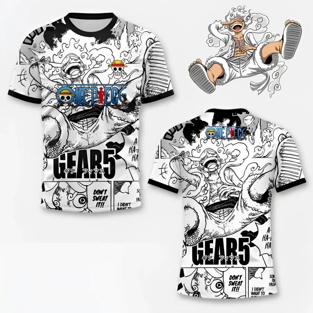 White short-sleeved one piece luffy football jersey with black trim and gear 5 anime sport graphic print
