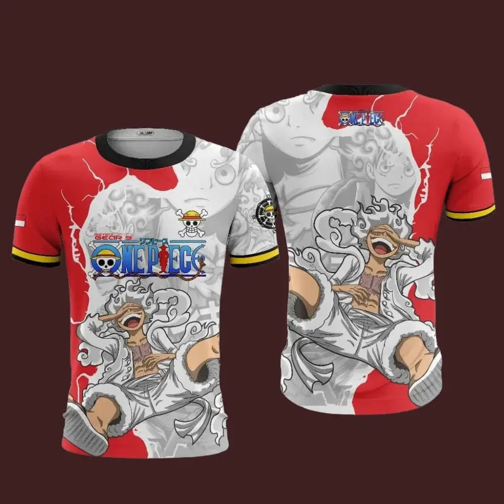 Red and white one piece luffy football jersey short-sleeve anime sport tee with dynamic gear 5 lightning graphic