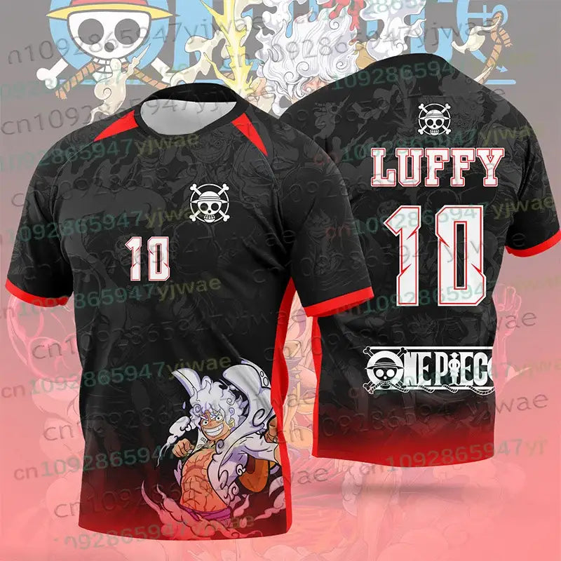 Black and red one piece luffy football jersey with white number 10 skull logo and full-body anime sport print front